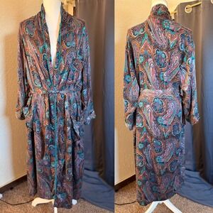 Vintage Victoria's Secret Gold Label Paisley Silk Robe Blue Pink Long Wrap L/XL